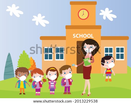 Students queue wearing face mask outdoors 2D cartoon concept for banner, website, illustration, landing page, flyer, etc.