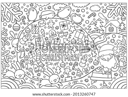 Merry Christmas and Happy New Year 2022 Coloring poster. Santa with a bag of gifts - coloring page in doodle style 