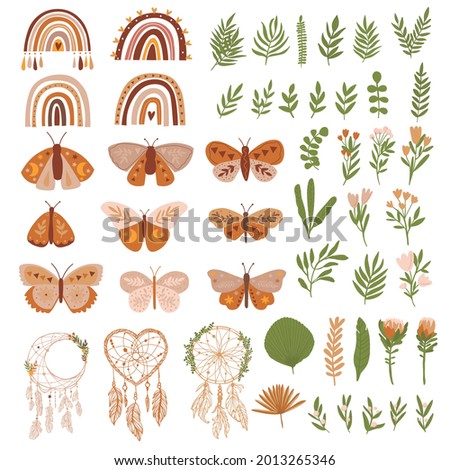 Cute set with  rainbow, butterflies and leaves, flowers, dreamcatcher. Brown pastel color in boho and rustic style.