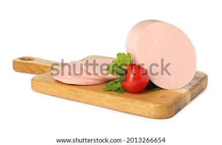 Wooden board with delicious boiled sausage, tomato and parsley isolated on white Royalty-Free Stock Photo #2013266654