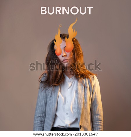 Professional burnout, collage in zine style. A young woman in a shirt and jacket with a tired face and a mess in her hair is experiencing burnout inside, a cartoon fire from her eyes.