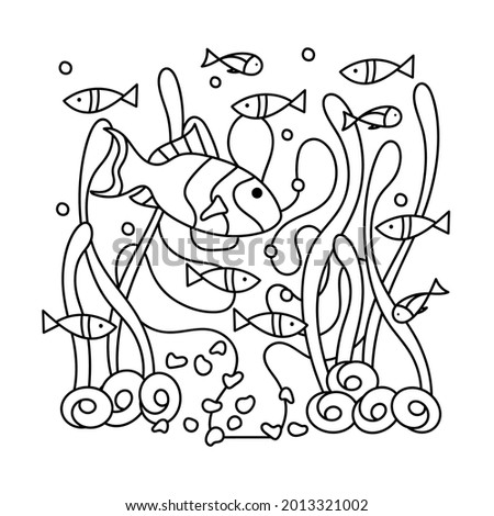 Coloring book for adults and older children , Underwater. Marine vector motif . Doodles of the underwater world, sea, ocean, river . Fish, shells and seastar, seaweed. Monochrome. Aquariums.