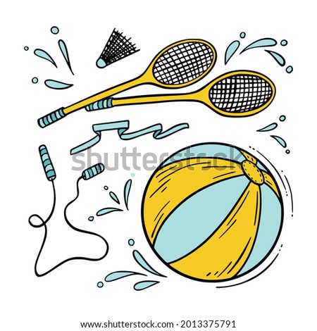 Badminton, skipping rope and ball in color on isolated white background in hand drawn style illustrations for summer time concept. Sketch style ingredients. Vector illustration.