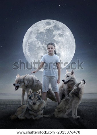 Photo collage: girl playing with wolves on a moonlit night.