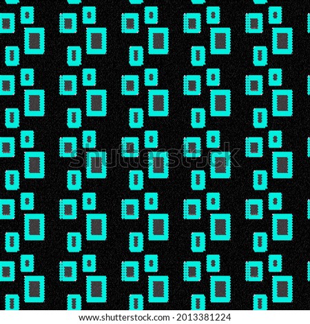 Seamless pattern in pixel style with frames or windows of different sizes made of green hexagon elements on a black background.