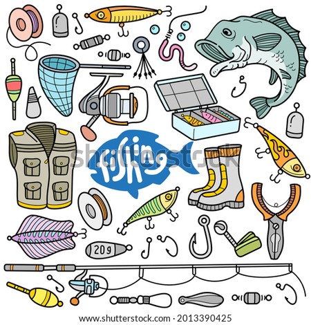 Fishing tools and equipments, colorful graphics elements and illustrations. Vector art such as fishing vest, boots, rod, lure, bait and other fishing related objects are included in this doodle set.