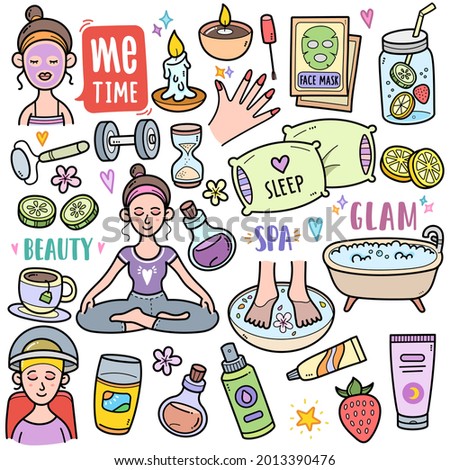 Me time abstract concept related to health and body care , colorful graphics elements and illustrations. Vector art such as spa, yoga, gym, beauty salon, cosmetic are included in this doodle set.
