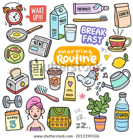 Morning routine, colorful graphics elements and illustrations. Morning activity vector art such as breakfast, bathing, newspaper, bread with toaster are included in this doodle cartoon set.