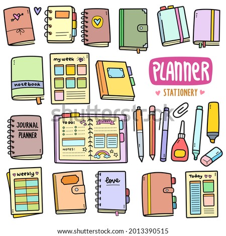 Planner and stationery colorful graphics elements and illustrations. Objects vector art such as books, journal, diary, ballpoint, pen, highlighter, eraser are included in this doodle cartoon set.