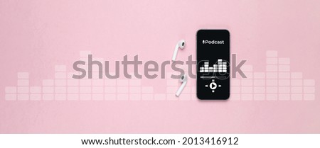 Podcast icon. Audio equipment with microphone, sound headphones, podcast application on mobile smartphone screen. Radio recording sound voice on pink background. Broadcast media music concept.