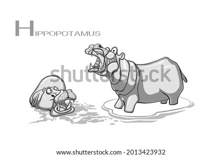 H for hippopotamus. one hippopotamus is standing on the land and other one floating water