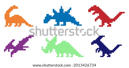 Pixel format dinosaur colorful icon set. Retro pixel dinosaur monster 
