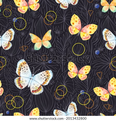 seamless pattern of beautiful butterflies on black background