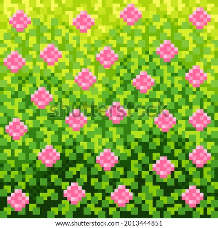 Grass texture pixel art. Vector picture. Bush texture pixel art. Rose flower texture background.