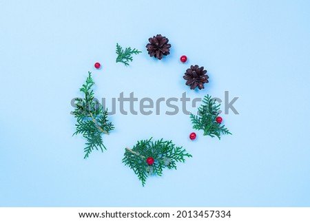 Christmas wreath made with fresh fir tree branches, berries and pine cones on light blue background. Minimalism style composition.