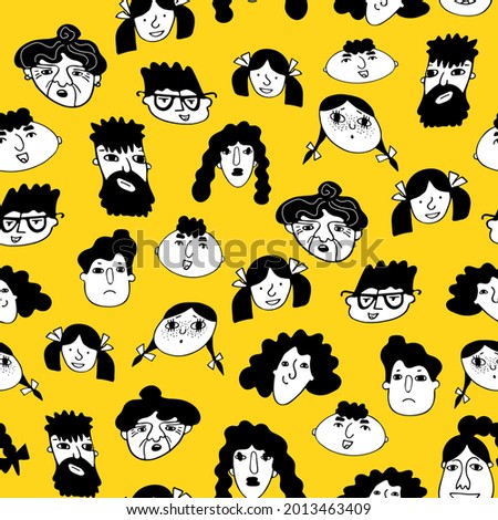 Colored seamless pattern with funny people faces in doodle graphics style on yellow background. Concept of love and friendship, characters of people of different genders and ages. 