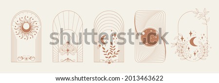 Esoteric Linear Boho Logos and Frames elements. Boho arch frame with celestial moth, moon, flower. Mystical vector illustration Royalty-Free Stock Photo #2013463622