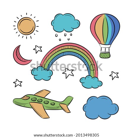 Colored Sky Doodle, Airplane, Cloud, moon, rainbow and sun vector illustration, with hand drawn sketching design