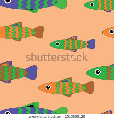 Seamless vector pattern with cute colorful  decorative fish. Funny multicolor background, sea texture