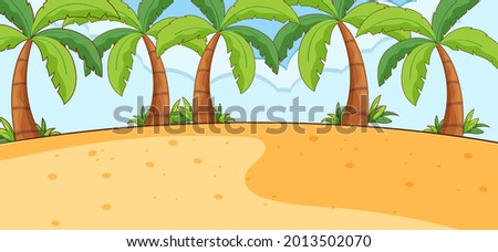 Empty beach landscape scene with many palm trees illustration