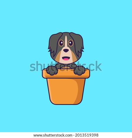 Cute dog in a flower vase. Animal cartoon concept isolated. Can used for t-shirt, greeting card, invitation card or mascot. Flat Cartoon Style