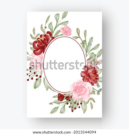 oval flower frame with watercolor flowers red and pink