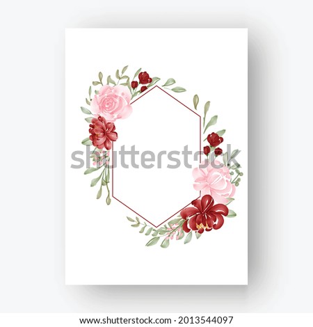 hexagon flower frame with watercolor flowers red and pink