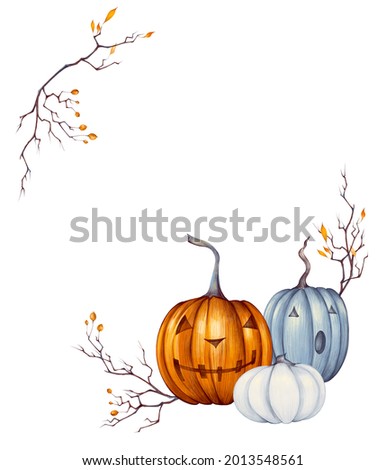Watercolor hand drawn Halloween illustration with pumpkin, branch, autumn leaves, orange hawthorn berries isolated on white background. It's perfect for cards, halloween party invitations, poster.