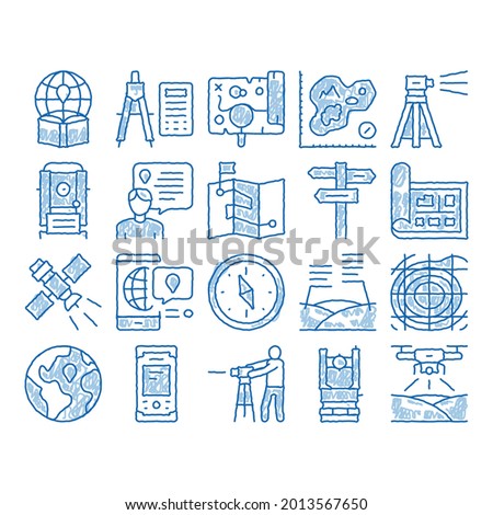 Topography Research sketch icon vector. Hand drawn blue doodle line art Topography Equipment And Device, Compass And Calculator, Satellite And Phone, Drone Illustrations