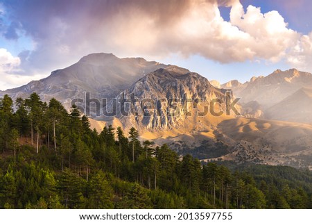Dedegöl mountain in Turkey  Isparta, in the south Çimi Valley of Geyikdağ, inspiring Mountains Landscape, cloudy day in summer, woods. Royalty-Free Stock Photo #2013597755