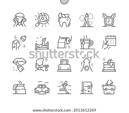 Morning. Wake up and breakfast. Morning running. Bedroom, environment, home, day, lifestyle. Pixel Perfect Vector Thin Line Icons. Simple Minimal Pictogram Royalty-Free Stock Photo #2013612269