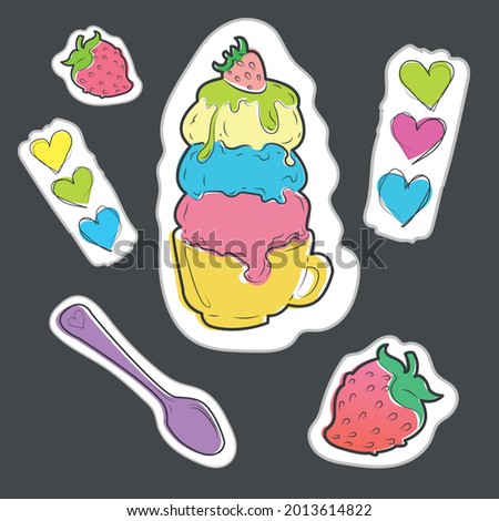 ice cream in a cup. A set of stickers. ice cream and strawberries 