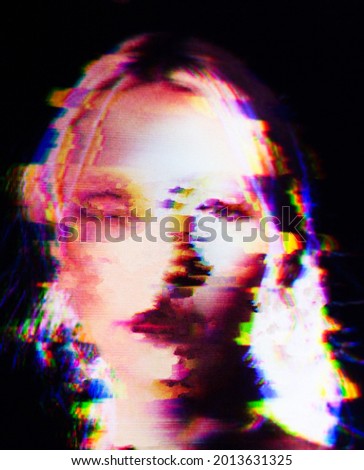 Glitch. Woman's face on the glitched screen. Digital artifacts. Glitch art. Digital errors.