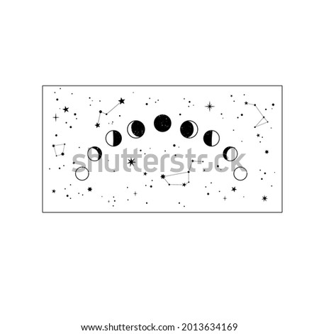 composition of the phases of the moon, constellations and stars in a rectangular frame