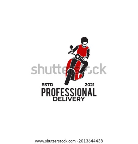 Delivery man with motorcycle logo design vector template