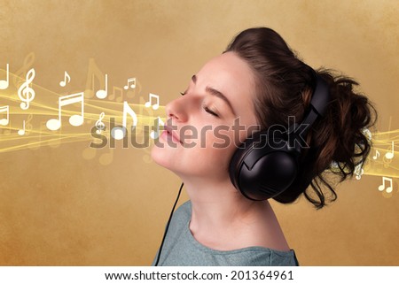 Pretty young woman listening to music, notes concept