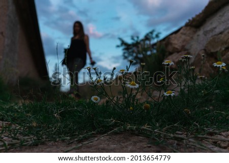A young woman strolling in a beautiful sunset, with beautiful daisies in the foreground.