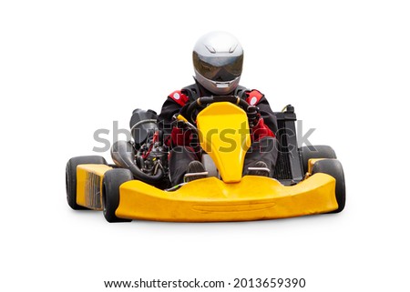 Go Kart Racer Isolated Over White Background.  Kart is Yellow. Royalty-Free Stock Photo #2013659390