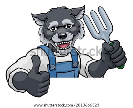 A wolf gardener cartoon gardening animal mascot holding a garden fork tool peeking round a sign and giving a thumbs up