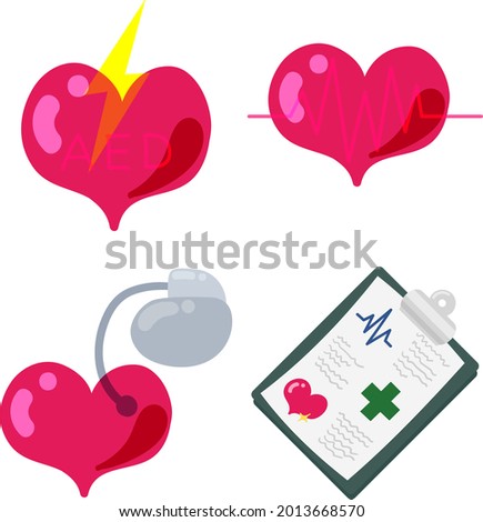 Icons for everyday medical items such as AED and pacemaker and electrocardiogram and medical record