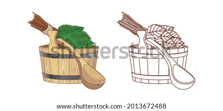 Bath accessories, Russian sauna, water, steam broom, hand drawn vector illustration sketch