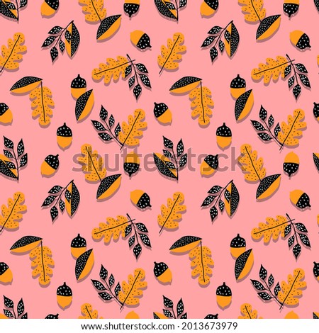vector seamless pattern acorns, branches Oak with leaves.Botanical forest black yellow  illustration. Background, wallpaper, fabric, textile, packaging, paper
