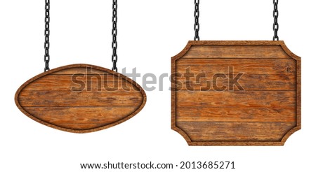 Wooden sign with chain isolated on white background. Objects with clipping path for design work