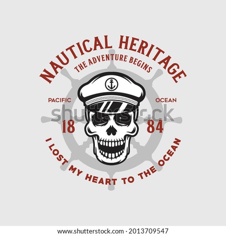 Nautical t shirt print with steering wheel skull and inscriptions. Vintage tee print design. Vector illustration.