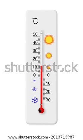 Celsius scale thermometer isolated on white background. Ambient temperature plus 14 degrees