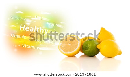 Colorful juicy fruits with healthy text and signs on white background 