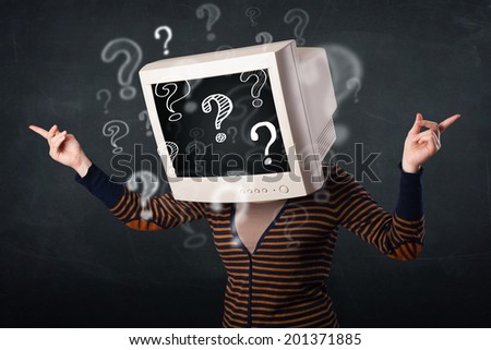 Casual woman with a pc monitor head and question marks comming out of the screen