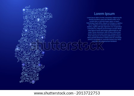 Portugal map from blue and glowing stars icons pattern set of SEO analysis concept or development, business. Vector illustration.