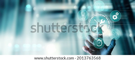 Businesswoman hand touch Service support customer help call center Business technology button on virtual screen concept Royalty-Free Stock Photo #2013763568