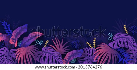Red blue neon light, trendy background with tropical vector plant and leaf. Palm leaves.